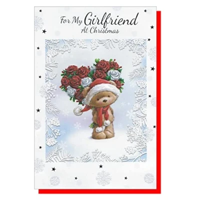 Image of Girlfriend Christmas Card Teddy &amp; Flowers SIMON ELVIN 23cm x 15.5cm (9&quot; x6&quot;) C75 a