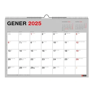 Image of Miquelrius Wall Calendar 2025 Basic, A4 Calendar: 296 x 210 mm, with note space, double spiral binding, calendar, Catalan