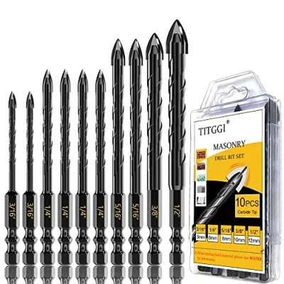 Image of Tile Drill Bits Set &amp; Masonry Bit, Professional Concrete Bit (10PCS) for Porcelain/Glass/Brick/Cement/Wood/Etc, Industrial Strength Carbide Cross Tip, 5mm 12mm