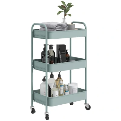 Image of HOMCOM 3 tier Storage Trolley on Wheels, Metal Cart, Rolling Ultility Cart with Mesh Baskets for Living Room, Kitchen, Light Blue