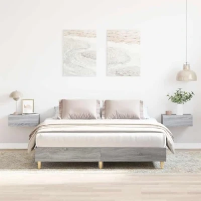 Image of vidaXL bed frame engineered wood king size slatted base grey sonoma