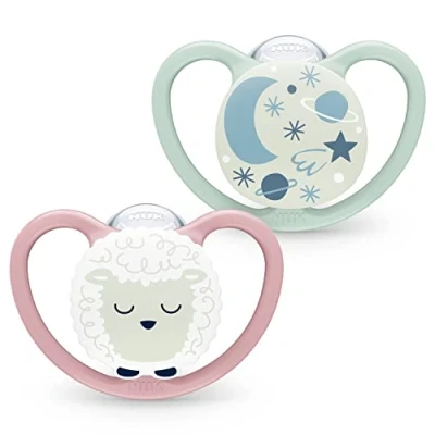 Image of NUK Space Night Baby Dummy 18 36 Months Glow in The Dark Soothers with Extra Ventilation for Sensitive Skin BPA Free Silicone Sheep &amp; Moon 2 Count