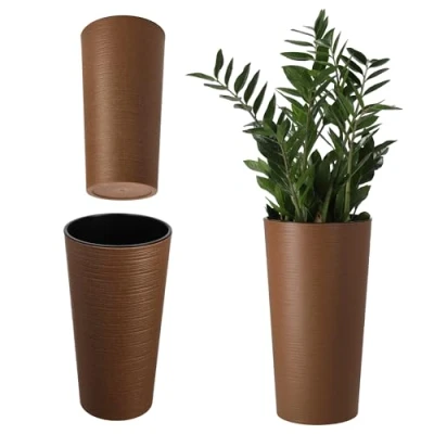 Image of KADAX Tall Planter, Round Eco Friendly Plant Pot for Indoor and Outdoor Use, Large Flower Made from Recycled Wood Shavings (Brown, ⌀ 19.5 cm)
