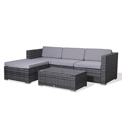 Image of EVRE California Grey Outdoor Rattan Garden Furniture Conversation Set with Handwoven PE Wicker Sectional Sofa Glass Top Table Cushions for Patio Deck Conservatory