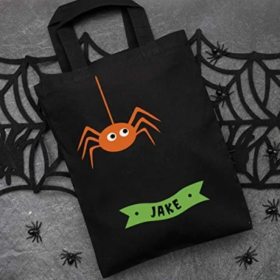 Image of Personalised spider trick or treat bag (Black bag) Halloween bags options