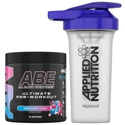 Image of Applied Nutrition Bundle ABE Pre Workout 375g + 700ml Protein Shaker All Black Everything Powder, Energy &amp; Physical Performance with Creatine, Beta Alanine (Bubblegum Crush)