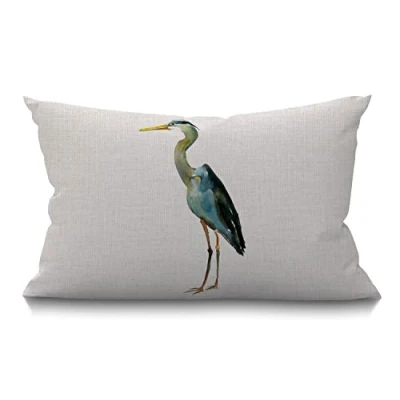 Image of BGBDEIA Heron Cushion Cover, Watercolor Blue Waist Lumbar Cotton Linen Throw Pillow case Cover Sofa Home Decorative Rectangle Oblong 30 x 50 cm 12x20 Inches