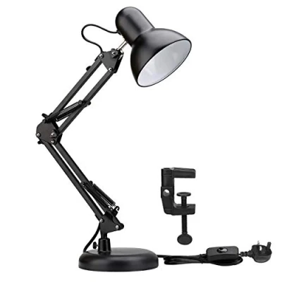 Image of Lepro Desk Lamp, E27 Swing Arm Lamp with Clamp, Classic Black Table Bulb Holder, Flexible Light for Study Desk, Office, Bedroom, Reading, Nails, Back to School and More