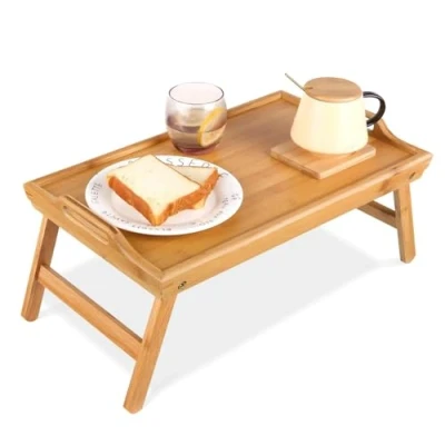 Image of Wooden Breakfast in Bed Tray, 50 x 30 23 cm Serving Lap Tray With Folding Legs And Handles Camping Compact Space Saving Natural Lightweight