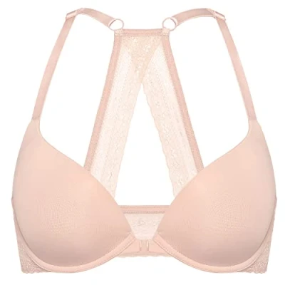 Image of DOBREVA Women&#039;s Push Up Bra Front Fastening Bras T Shirt Racer Back Padded Underwired Plunge Blush Beige 38D