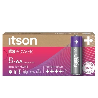 Image of ITSON, AA batteries, pack of 8, eco friendly packaging 95 Percentage recycled materials, for clocks, torches, remote controls, made in EU