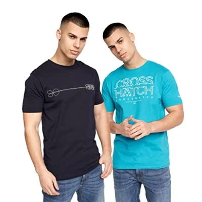 Image of Crosshatch Men&#039;s Premium Half Sleeve Crew Neck T Shirt with Letter Print Logo Design(S,Teal/Navy MOORAY)