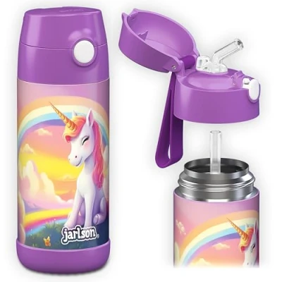 Image of Jarlson® Charli Children&#039;s Stainless Steel Drinking Bottle with Straw Thermos Flask 350 ml TÜV Tested BPA Free Leak Proof Thermal Water for School, Nursery Unicorn 2.0,