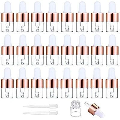 Image of Yalbdopo 24Pcs, 1Ml Clear Glass Sample Dropper Bottles, Empty Mini Bottles with Pipettes Rose Gold Aluminum Alloy Cap Refillable Container for Essential Oil Perfume Cosmetic Liquid
