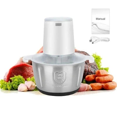 Image of Calager Mini Food Chopper Electric Processor,Electric Meat Grinder With 2L Stainless Steel Bowl,4 Blades,148W Vegetable Kitchen Mixer Processor for Meat, Smoothie (White)