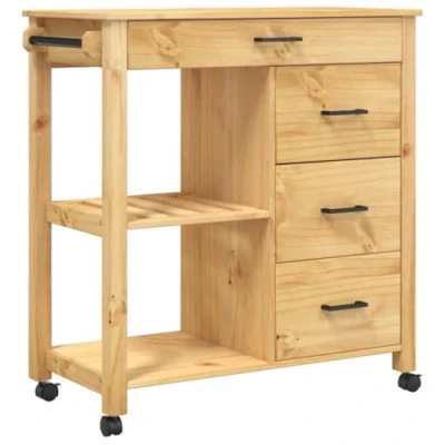 Image of vidaXL MONZA Solid Pine Wood Kitchen Trolley Honey Wax Finish, Mobile Rolling Cart with Storage, 84x40x90 cm for Home Organization