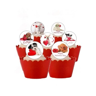 Image of Top That 24 Precut Round Valentines Day Cute Puppy Dog Edible Wafer paper Cake Cupcake Toppers
