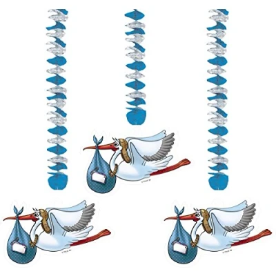Image of Decoration New baby Celebration Its a Boy. Blue and White Hanging Decorations with Stork Cut Out, Pack of 3