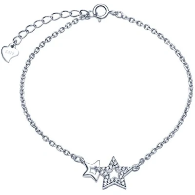 Image of Infinite U Fashion Womens Charm Bracelet Double Stars Heart 925 Sterling Silver Cubic Zirconia Hand Link Chain, Adjustable,