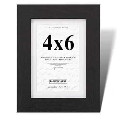Image of Fabian Clarke London® 6x4 Modern Black Wooden Picture Photo Frame with 5x3 White Mount Includes Glass Front Hang Portrait or Landscape