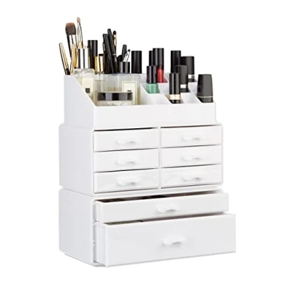 Image of Relaxdays Organizer with Drawers, Stacking Makeup and Jewellery Box, Acrylic Cosmetic Kit, White, 30 x 24 14cm
