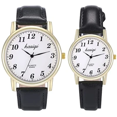 Image of JewelryWe His and Hers Matching Set Quartz Watches Leather Strap Couple Simple Casual Business Dress Wristwatch for Men Women