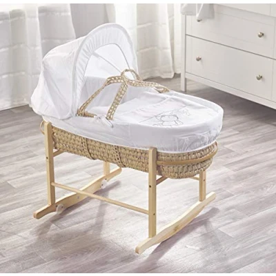 Image of ELEGANT BABY White Teddy Wash Day Palm Moses Basket with Chester Rocking Stand Natural, Adjustable Hood, Fibre Mattress &amp; Padded Liner