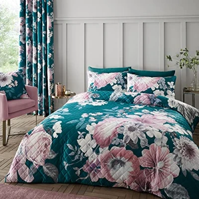 Image of Catherine Lansfield Shrewsbury Digital Print Velvet Pinsonic Super King Duvet Set Teal