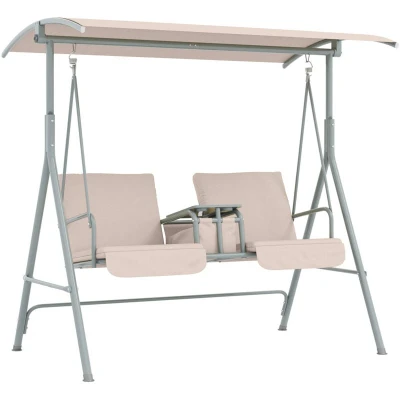 Image of Outsunny 2 Seater Garden Swing Chair Patio Rocking Bench w/Tilting Canopy, Double Padded Seats, Storage Bag and Tray, Beige