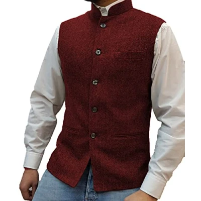 Image of Solovedress Mens Vintage Suit Vest Zhongshan High Collar Tweed Waistcoat for Men Groosmens (Burgundy,XXL)