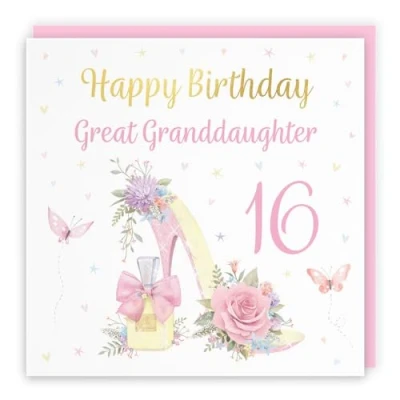 Image of Hunts England 16th Great Granddaughter High Heel And Perfume Birthday Card Luxury Gold Foil Milo&#039;s Gallery Age 16 Butterflies, Flowers, Hearts For
