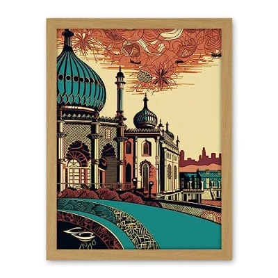 Image of Artery8 Brighton City Royal Pavilion Ornate Illustration Artwork Framed Wall Art Print 18X24 Inch