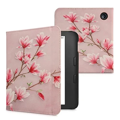 Image of kwmobile Case Compatible with Kobo Libra 2 PU Cover w/Strap Magnolias Pink/White/Dusty Pink