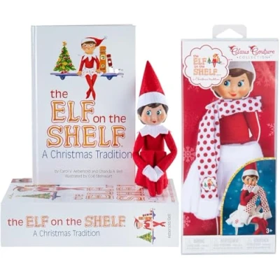 Image of Elf on The Shelf : A Christmas Tradition Girl Scout (Blue Eyed) with Claus Couture Collection Snowflake Skirt &amp; Scarf Outfit
