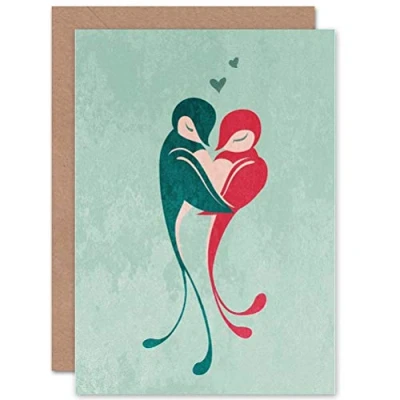 Image of Wee Blue Coo LOVE BIRDS EMBRACE HEARTS TEXTURE ART GREETINGS GREETING CARD GIFT