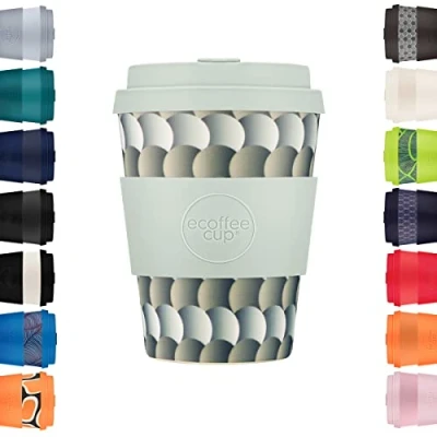 Image of Ecoffee Cup 12oz 350ml Reusable Eco Friendly 100% Plant Based Coffee with Silicone Lid &amp; Sleeve Melamine Free Biodegradable Dishwasher/Microwave Safe Travel Mug, Drempels