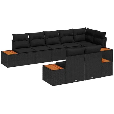 Image of vidaXL 8 Piece Garden Sofa Set with Cushions Black Poly Rattan &amp; Acacia