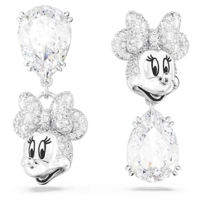 Image of Swarovski Disney100 Minnie Mouse Drop Pierced Earrings, White Pear Shaped Crystal and Clear Pavé, Asymmetrical Design, Rhodium Plated Setting, from the Collection