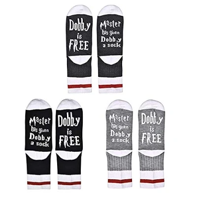 Image of Master Has Given Dobby a Sock, 3 Pairs Chic Funny Novelty Saying is Free Knitted Words Crew Socks for Womens Mens