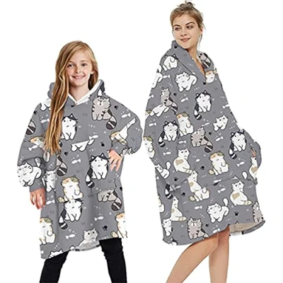 Image of YOULIKE Oversized Blanket Hoodie for Women, Girls Sherpa Fluffy Fleece Wearable Hooded with Big Pocket(Grey Cat)