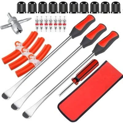 Image of KAHEIGN 39Pcs Tyre Lever Tool Set, 3Pcs 30CM Spoons with Rim Protectors, 15Pcs Valve Caps and Cores, 1Pcs Wrench 4 Way for Repairing Changing Motor Bike Car Tire