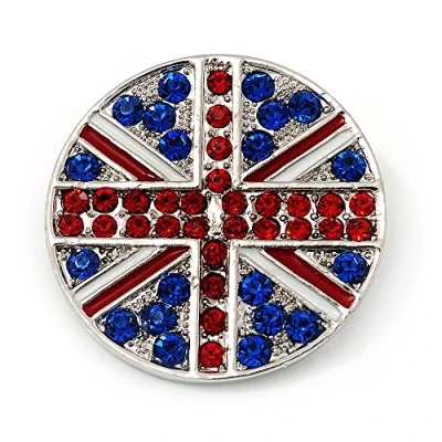 Image of Avalaya Union Jack Round Silver Plated Crystal Brooch 4cm Diameter