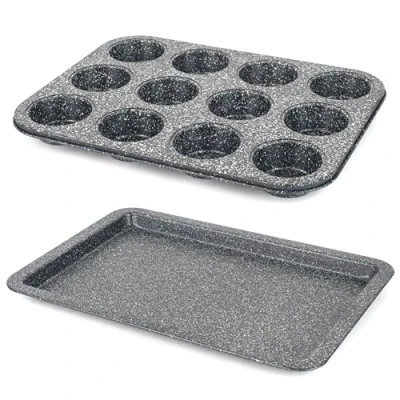 Image of Salter COMBO 9139 Megastone Baking Tray &amp; Muffin Tin Set 12 Cup Cupcake Pan, 37cm Large Non Stick Flat Oven Sheet, Carbon Steel, Easy Clean for Baking/Roasting, Cake Tins, Strong/Durable, PFOA Free