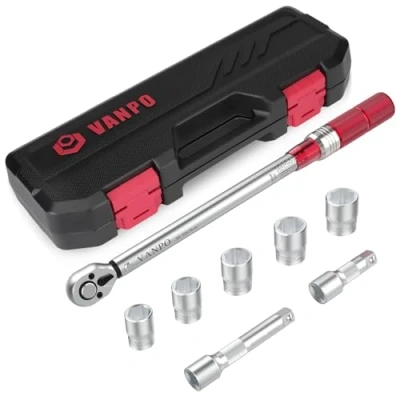 Image of VANPO Torque Wrench 1/2 Inch Drive, 20 220Nm 8 Pieces Set, ± 3% Accuracy with 2 Extension Bars 75mm and 125mm, 5 Sockets 17mm, 19mm, 21mm, 23mm, 24mm for Cars, Motorcycles, Trucks