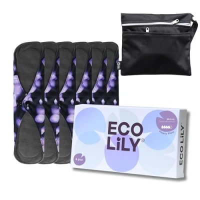 Image of Eco Lily® Reusable Sanitary Pads Towels Period (6Pk for Medium Flow) Leakproof Odour Absorbing Charcoal Bamboo with Waterproof Wet Bag