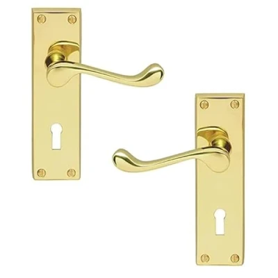 Image of Ironmongery Solutions® Internal Victorian Scroll Lever Lock Door Handle Set in Polished Brass, Chrome, Satin Nickel Finishes (Lock, Brass)