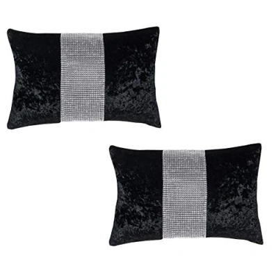 Image of Diamante &amp; Crushed Velvet Bed Runner Cushion Cover Sparkle Sets Silver/Grey (Black, 2 x 12&quot; 18&quot;)