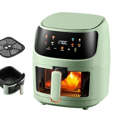 Image of Air Fryer 5L Visual Window, 1350W Rapid Digital Fry with Touch Screen, Max temp 230C, Display 8 Cooking Functions, Glass Dishwasher Safe Basket（Green） green