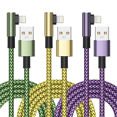 Image of 3Pack 2M iPhone Charger Cable, Right Angle Charging Cable MFi Certified Lightning Nylon Lead USB Fast for 14 13 12 11 Pro Max Mini XR XS X 8 7 6s 6 Plus 5 SE
