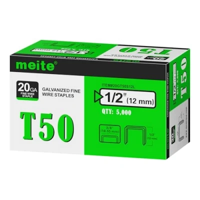Image of meite T50 Staples, Type 140/12 mm Heavy Duty Staples for Staple Gun, Galvanized 20 Gauge 3/8 Inch Crown Upholstery, Construction, Furniture (5,000 Counts)